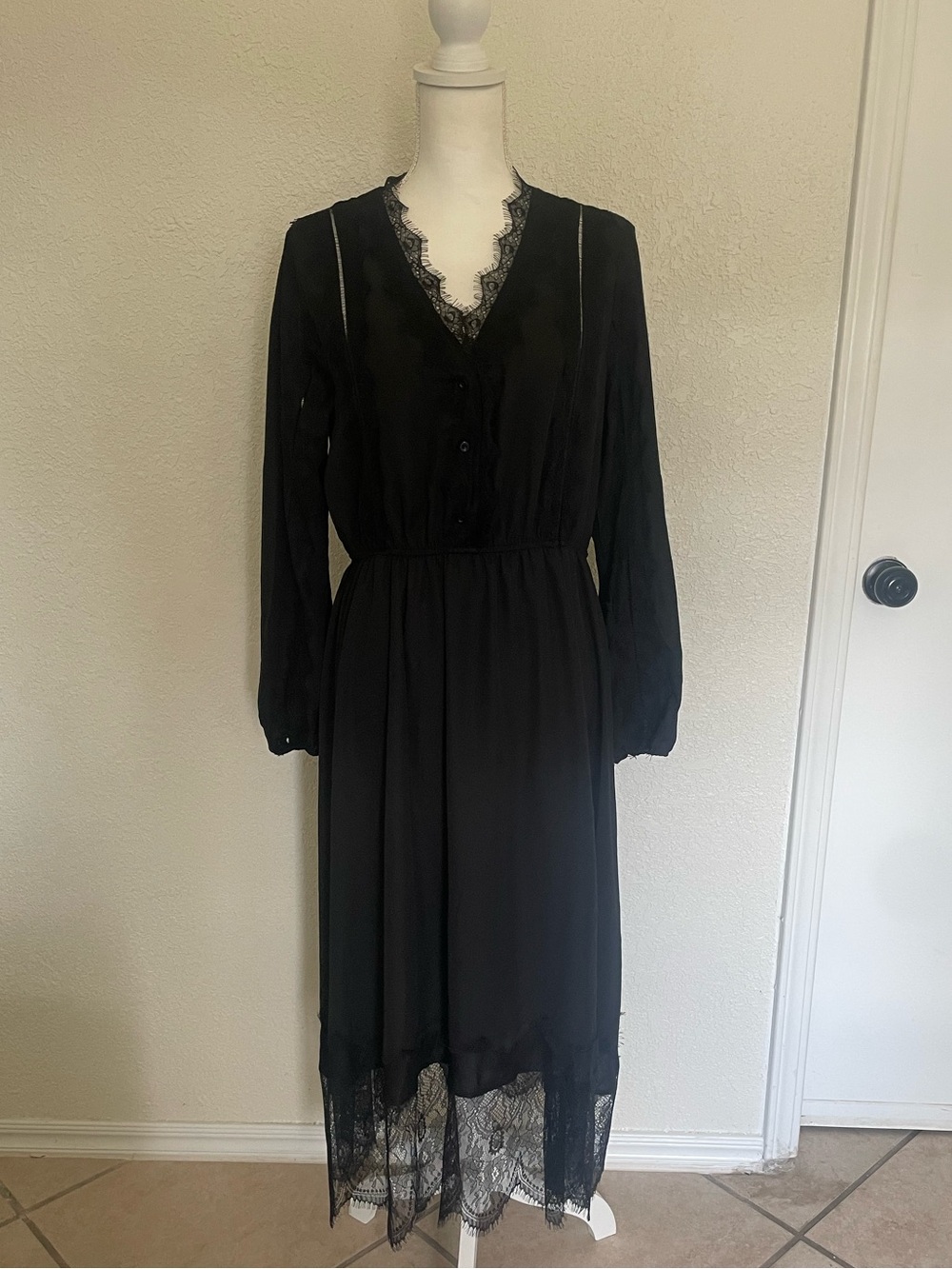 Sheilay XL Black Lace Trim Midi Dress Long Sleeve Gothic Romantic
